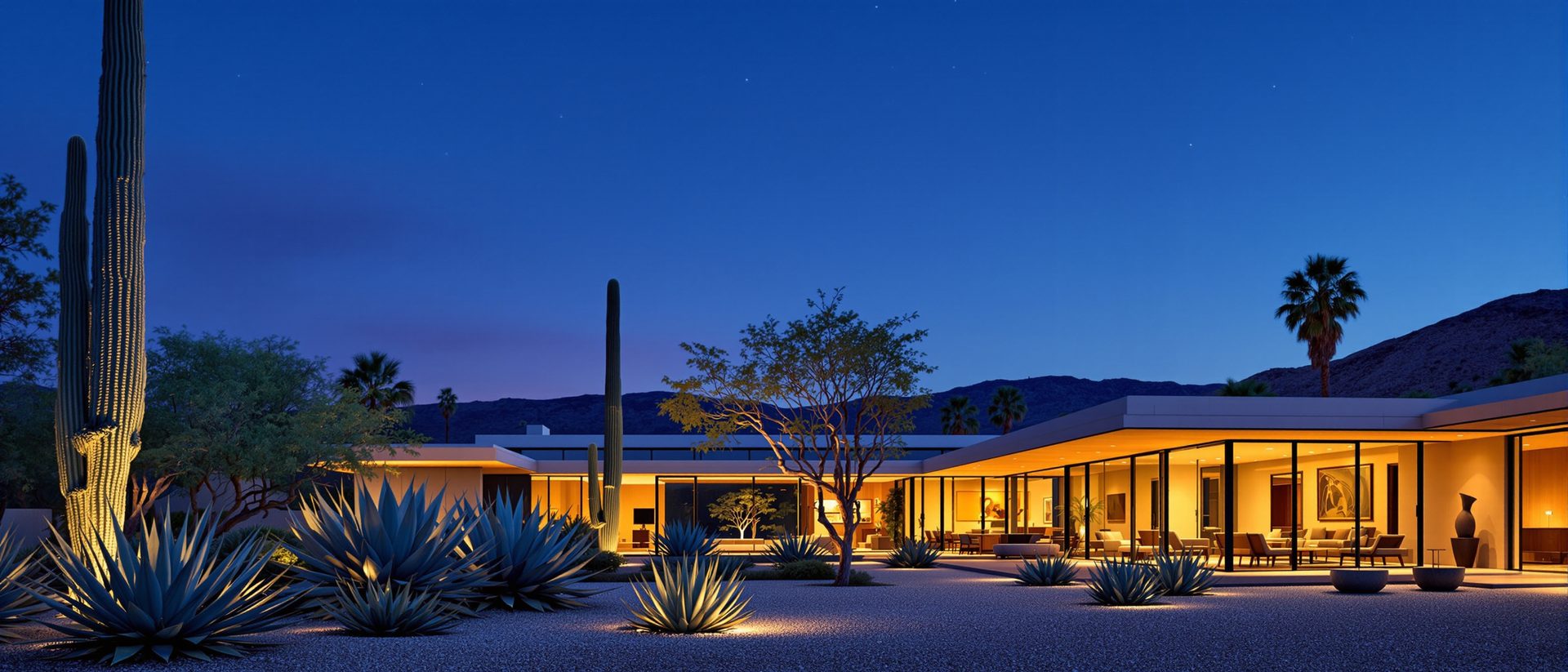 Twilight desert estate with sculptural planting and warm interior light