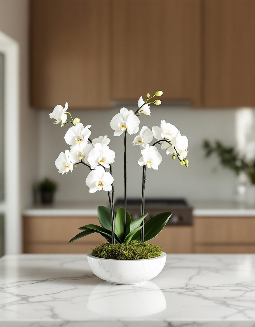 White phalaenopsis orchids in a travertine vessel on a honed stone counter