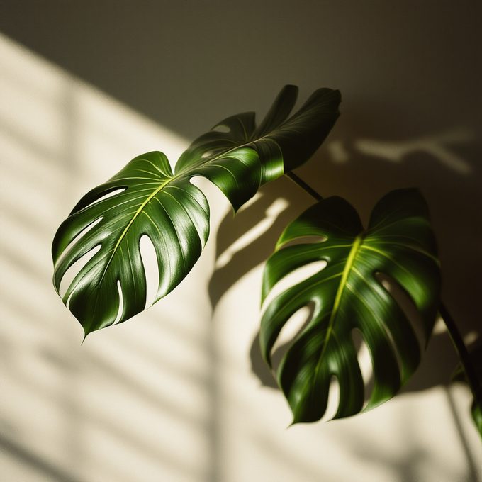 Monstera leaves in dramatic light and shadow