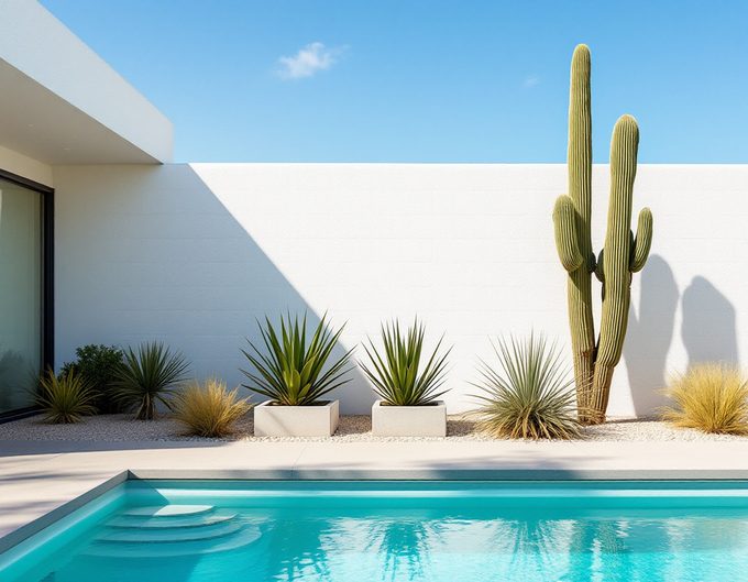 Poolside desert garden with a tall saguaro cactus and agaves against a white modernist wall