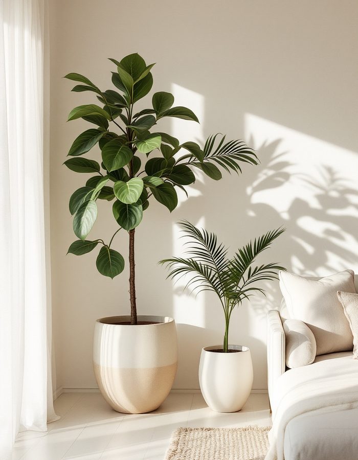 Fiddle-leaf fig and kentia palm styled in a modern Palm Springs living room