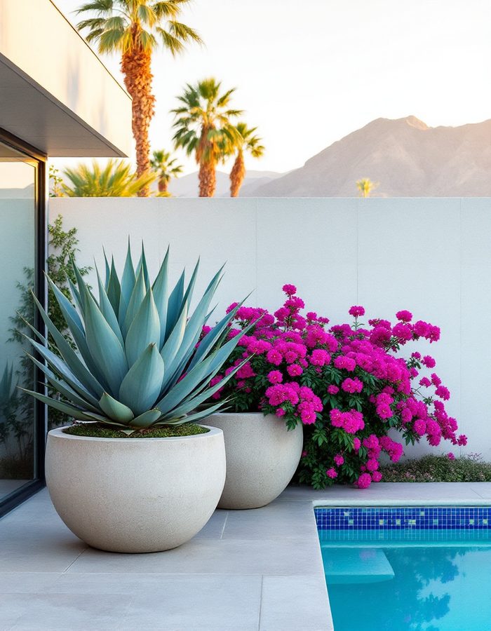 Desert modern patio with agaves, bougainvillea and a pool at golden hour